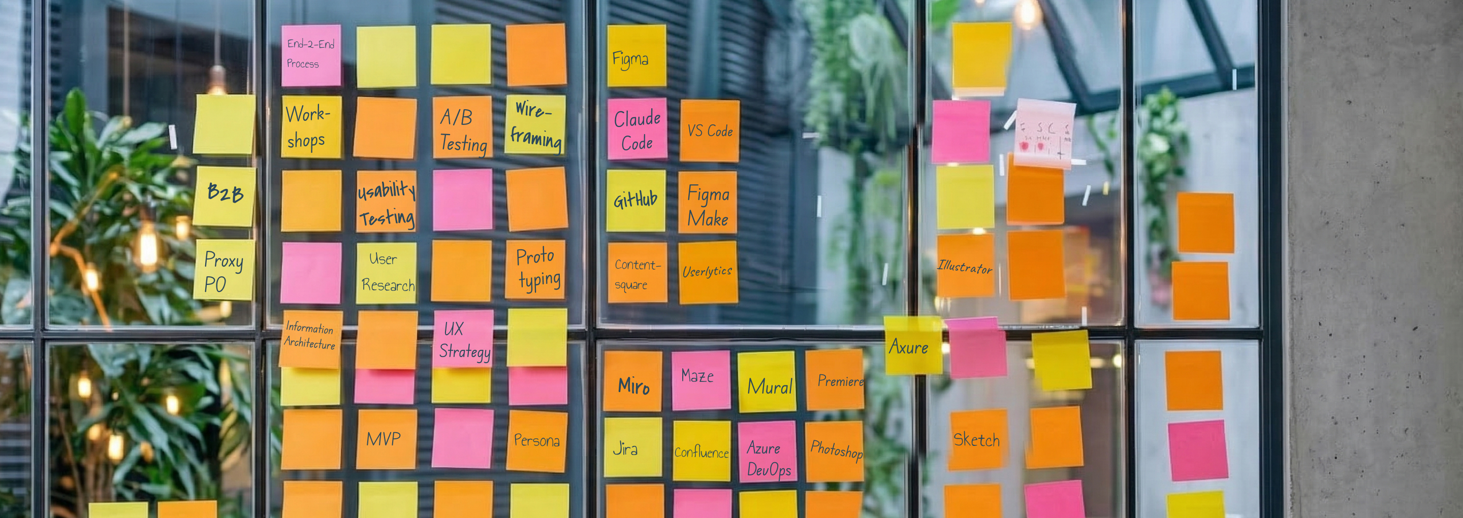 A view of a courtyard through a glass pane covered with many colorful Post-it notes bearing the names of skills and tools. These will be shown again later in the content.