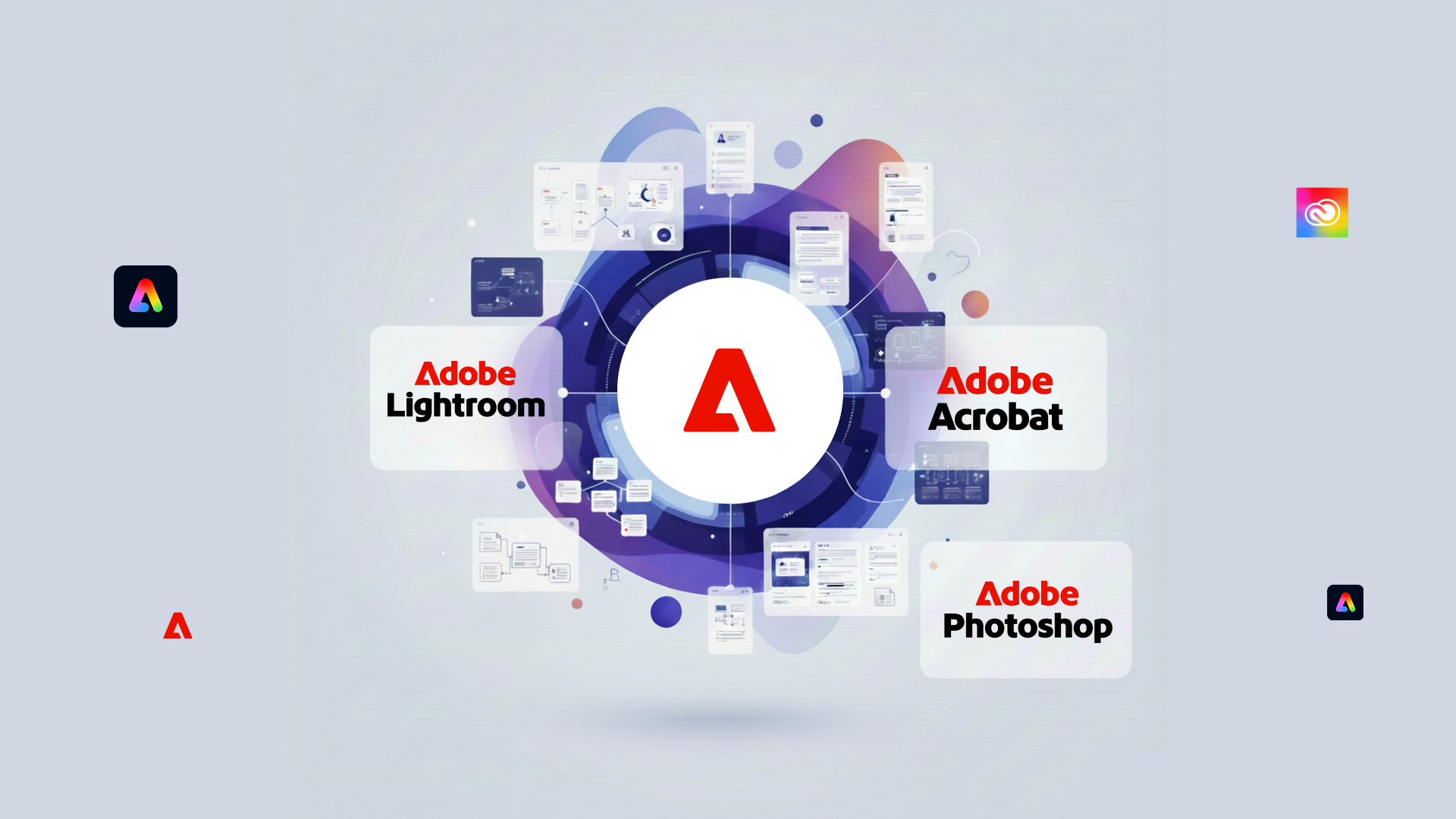 An abstract, futuristic infographic on a light background. A central white circle, displaying the Adobe logo, is encircled by a dynamic ring of deep blue and purple swirls. Fine lines radiate from this center to various small windows, each containing the Acrobat, Lightroom, and Photoshop logos. The design appears technological, interconnected, and modern.