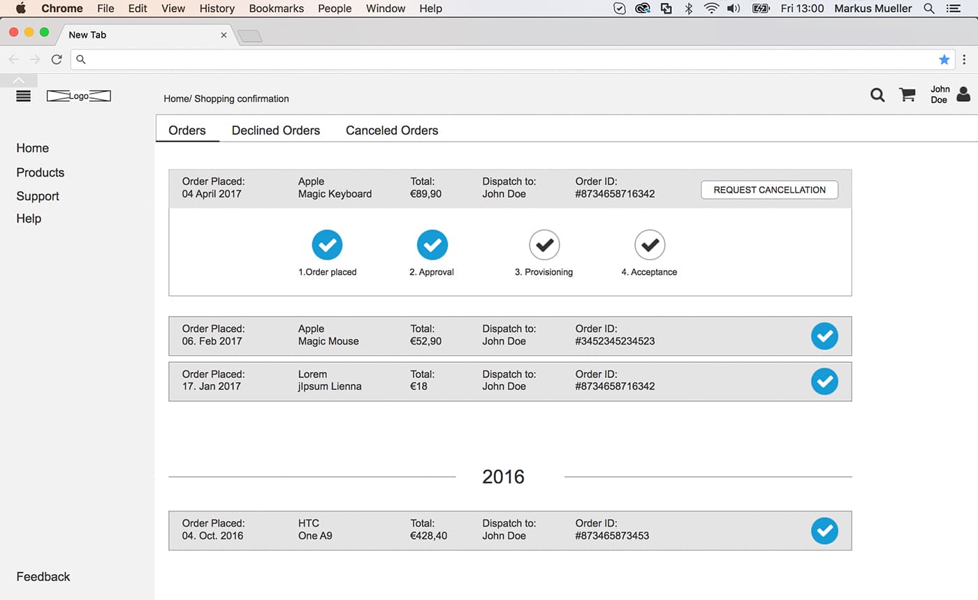 Displays a wireframe within a browser, with an order history