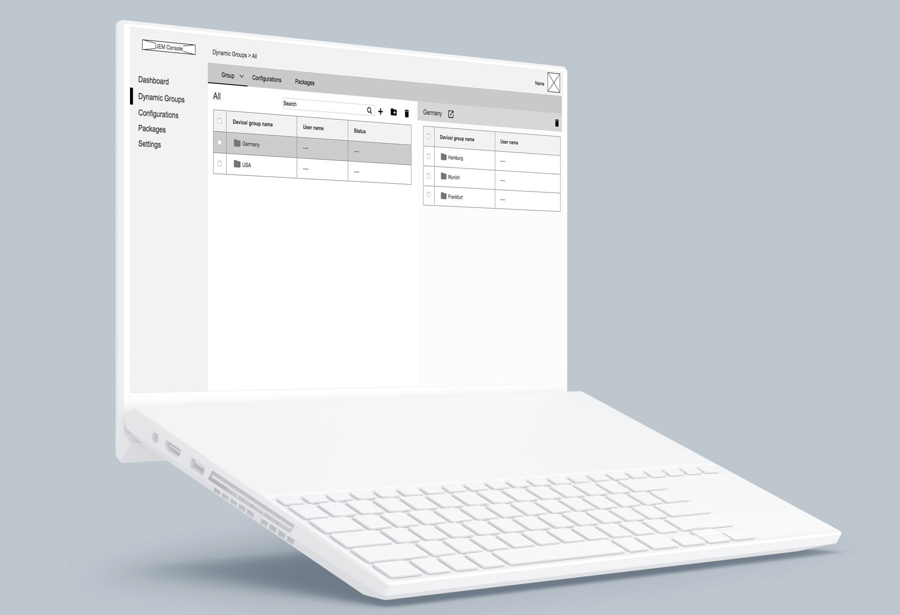 Conceptual low-fidelity wireframe of a cloud-based enterprise management tool displayed on a laptop. The visual focuses on the intuitive structuring of complex software assignment processes within global corporate environments.