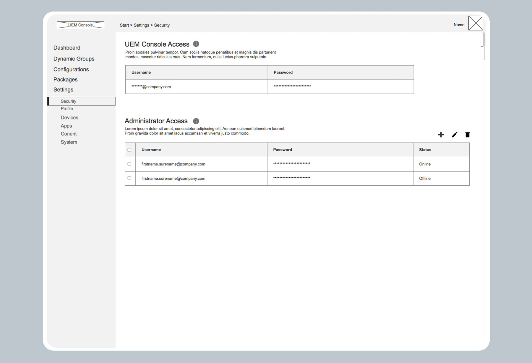 Detailed wireframe of the security settings within the UEM Console. The view showcases centralized management of administrator access and password configurations, emphasizing the importance of compliance and secure permission management in an enterprise cloud solution.